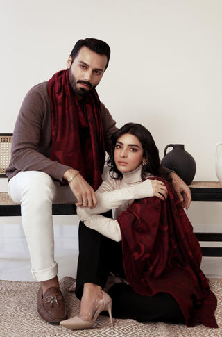 Shopmanto, wear manto, manto clothing brand, manto pakistan, ladies clothing brand, urdu calligraphy clothing, Manto urdu calligraphy unisex jazba weaved winter muffler stole maroon, winter collection, acrylic, wool