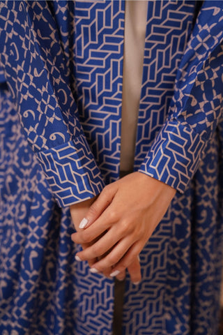 Shopmanto, wear manto, manto clothing brand, manto pakistan, ladies clothing brand, urdu calligraphy clothing, wear manto shrugs, ayra shrug blue and beige with urdu calligraphy, women shrugs with urdu calligraphy, women front open upper