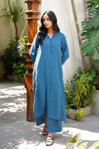 Manto Women's 2 Piece Teal Blue Solid Kalidaar Co-ord Paired with Paneled Shirt & Straight Pant