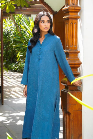 Manto Women's 2 Piece Teal Blue Solid Kalidaar Co-ord Paired with Paneled Shirt