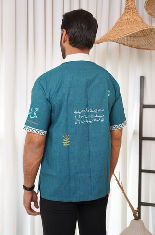 Shopmanto, wear manto, manto clothing brand, manto pakistan, ladies clothing brand, urdu calligraphy clothing, wear manto urdu calligraphy men and women unisex teal zeest western shirt, cotton unisex western shirt