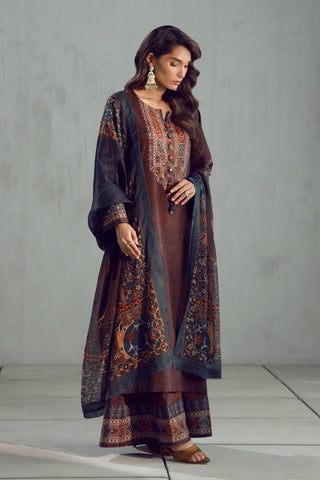 Women's Ready to Wear Printed Brown 3 Piece Set with Urdu Calligraphy