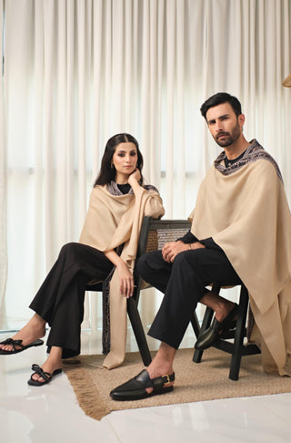 Manto Unisex Ready To Wear Acrylic Wool Outerwear Sabaat Cape Beige & Black Featuring Urdu Poetry by Allama Iqbal