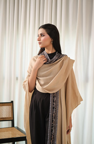 Manto Unisex Ready To Wear Acrylic Wool Outerwear Sabaat Cape Beige & Black Featuring Urdu Poetry by Allama Iqbal