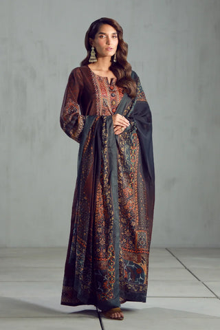 Women's Ready to Wear Printed Brown 3 Piece Set with Urdu Calligraphy