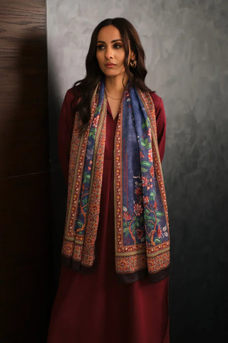 Manto Women's Crinkled Silk Blue Rania Scarf Featuring Urdu Words 
