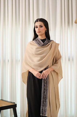 Manto Unisex Ready To Wear Acrylic Wool Outerwear Sabaat Cape Beige & Black Featuring Urdu Poetry by Allama Iqbal