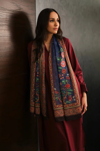 Manto Women's Crinkled Silk Blue Rania Scarf Featuring Urdu Words 