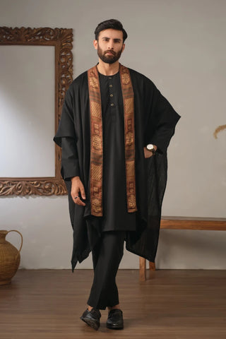 Manto's Unisex Black Acrylic Cape with Printed Borders