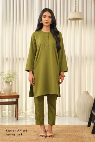 Manto Women's Olive Green 2-Piece Lucknow Style Collar Solid Co-Ord Set