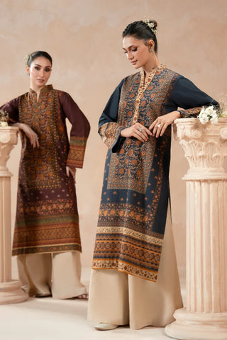Manto Women's Plum & Teal Printed Kurta with Urdu Calligraphy paired with Beige Pants