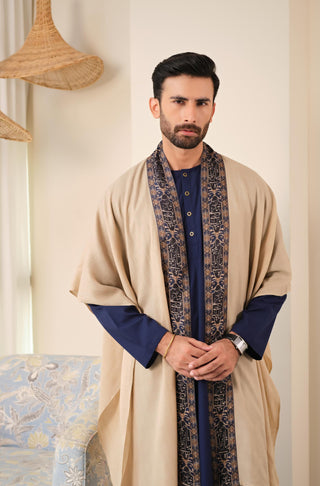 Manto Unisex Ready To Wear Acrylic Wool Outerwear Dariya Cape Beige & Blue Featuring Poetry of Natiq Lucknow