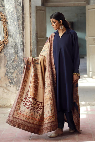 Manto Women's Double Sided Dasht Shawl featuring words of Allama Iqbal paired with Solid Midnight Blue Co-ord Set