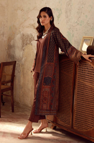 Manto Women's Ready to Wear Brown Outerwear Long Shrug with Urdu Calligraphy