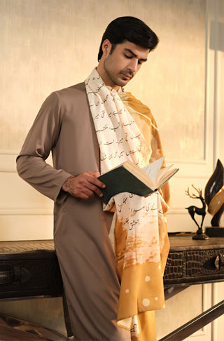 Manto Men's Grey Wash-n-wear Kurta Pajama Paired with Beige Khat Odhni