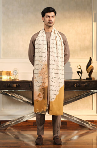 Manto Men's Grey Wash-n-wear Kurta Pajama Paired with Beige Khat Odhni