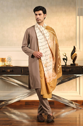 Manto Men's Grey Wash-n-wear Kurta Pajama Paired with Beige Khat Odhni