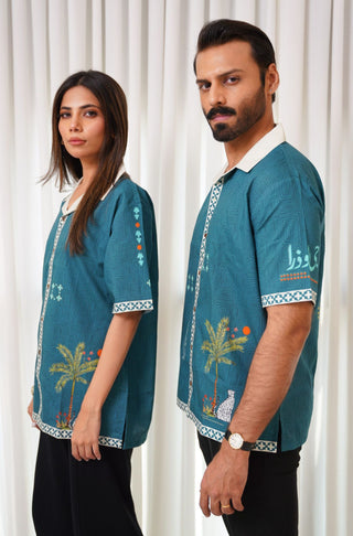 Shopmanto, wear manto, manto clothing brand, manto pakistan, ladies clothing brand, urdu calligraphy clothing, wear manto urdu calligraphy men and women unisex teal zeest western shirt, cotton unisex western shirt