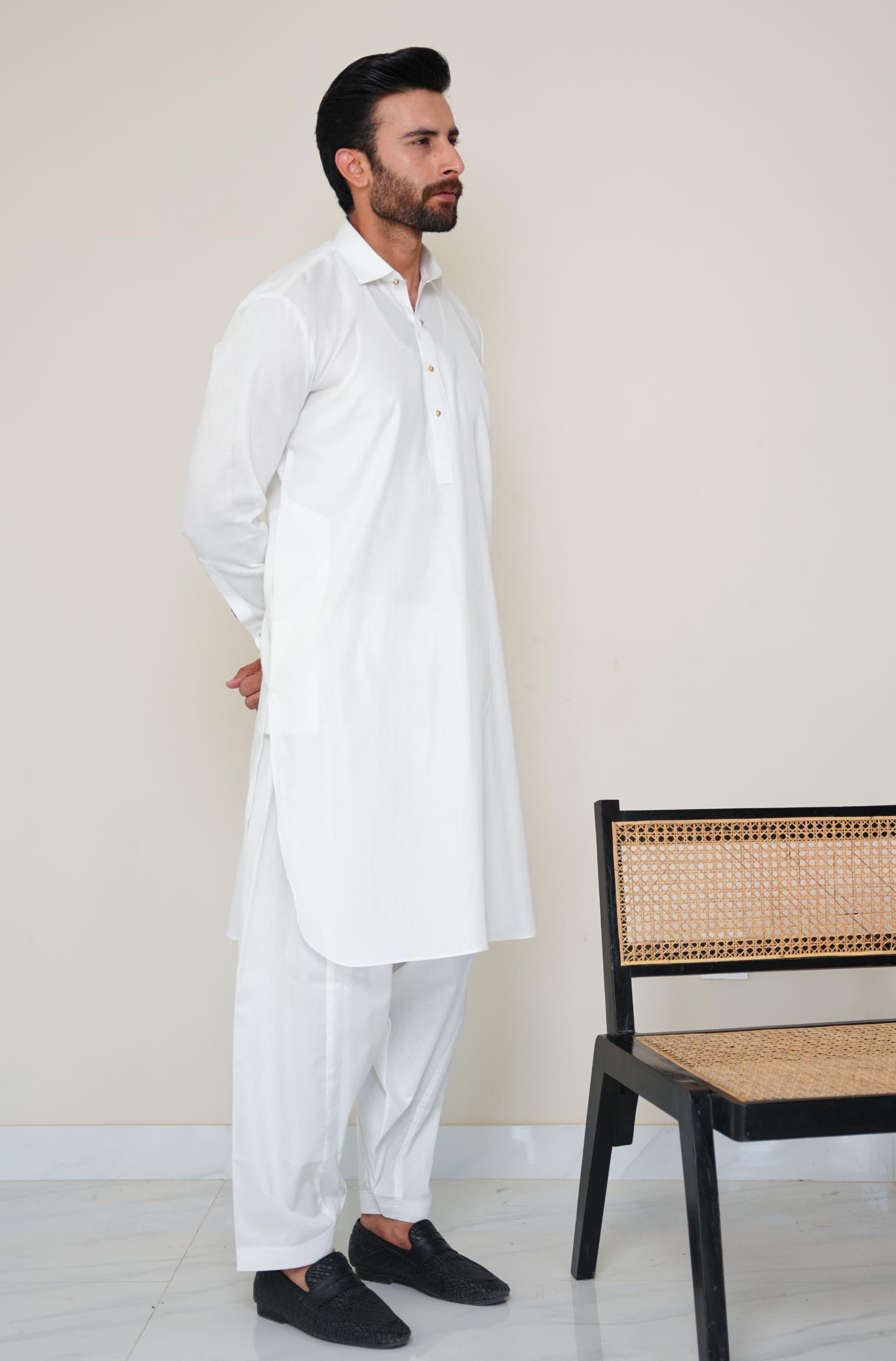 Textured Cotton Kameez Shalwar - Cloud White (Men) S Textured Cotton Kameez Shalwar - Cloud White (Men) S