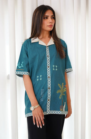 Shopmanto, wear manto, manto clothing brand, manto pakistan, ladies clothing brand, urdu calligraphy clothing, wear manto urdu calligraphy men and women unisex teal zeest western shirt, cotton unisex western shirt