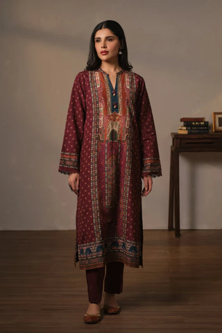 Women's Printed Maroon 3-Piece set with Motifs and Urdu Calligraphy