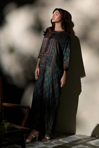 Manto Women's 2 Piece Stitched Green Kaftaan Set with Urdu Calligraphy