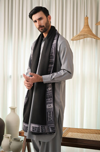 Manto's Unisex Black Manzil Shawl with Printed Borders