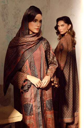 Manto Women's Ready to Wear Brown Outerwear Long Shrug & Co-Ord Set with Urdu Calligraphy