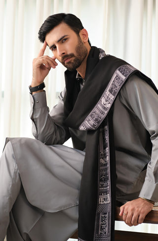 Manto's Unisex Black Manzil Shawl with Printed Borders