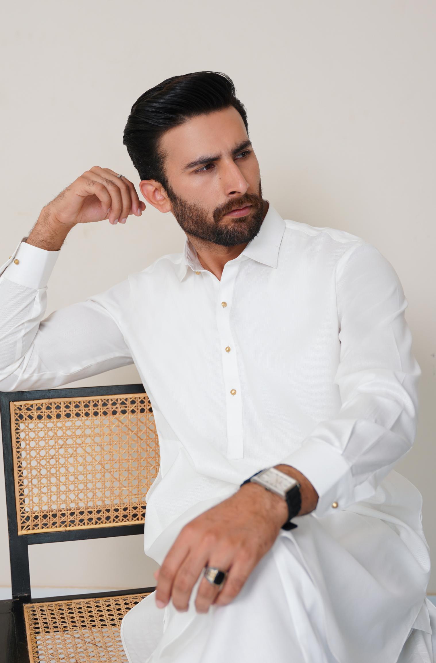 Textured Cotton Kameez Shalwar - Cloud White (Men) S Textured Cotton Kameez Shalwar - Cloud White (Men) S