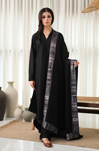 Manto's Unisex Black Manzil Shawl with Printed Borders