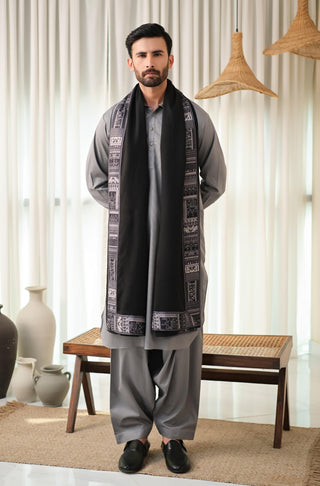Manto's Unisex Black Manzil Shawl with Printed Borders