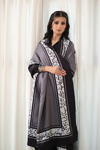 Manto's Unisex Grey Winter Shawl featuring Urdu Calligraphy on the Borders