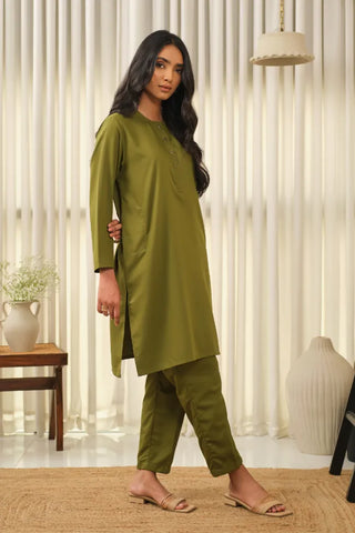 Manto Women's Olive Green 2-Piece Lucknow Style Collar Solid Co-Ord Set