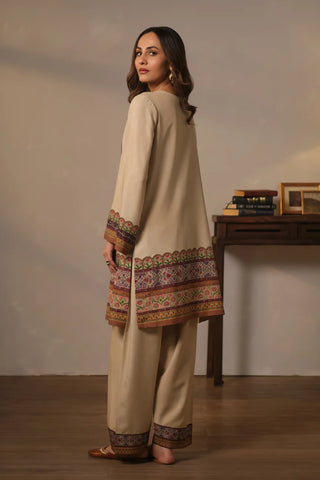 Women's Ready to Wear Printed Beige 2 Piece Set with Urdu Calligraphy