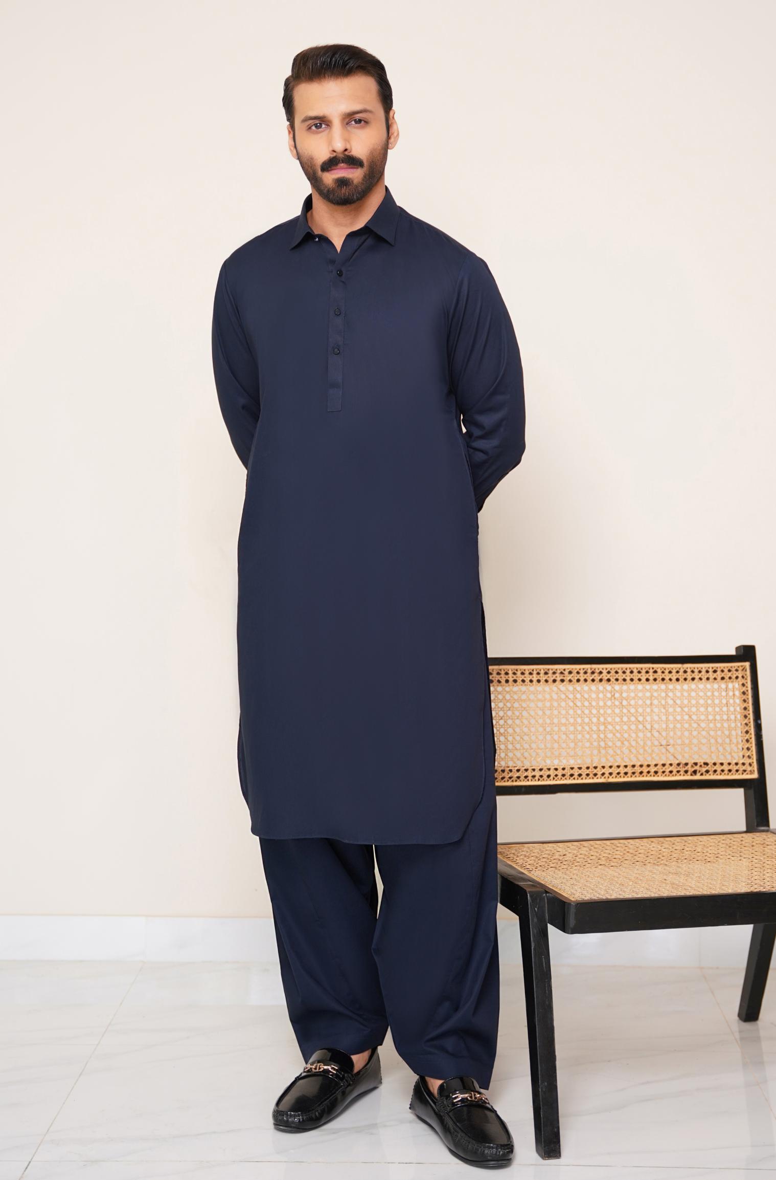 Textured Cotton Kameez Shalwar - Midnight Blue (Men) S Textured Cotton Kameez Shalwar - Midnight Blue (Men) S
