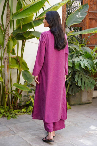 Manto Women's 2 Piece Berry Plum Solid Kalidaar Co-ord Set with Paneled Shirt & Straight Pants
