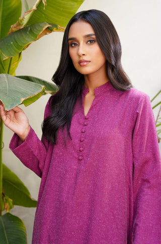 Manto Women's 2 Piece Berry Plum Solid Kalidaar Co-ord Set with Loop Buttons on the Neckline