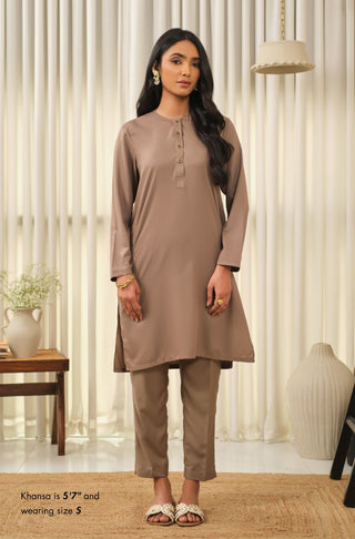 Manto Women's Sand Grey 2-Piece Lucknow Style Collar Solid Co-Ord Set