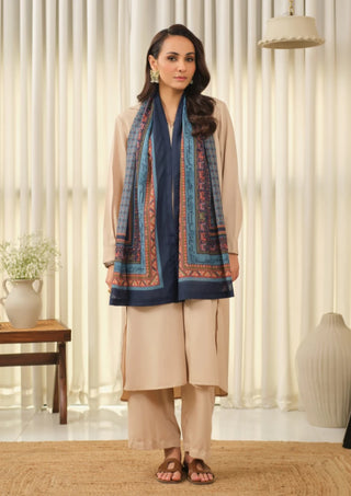 Manto Women's Hijab Friendly Printed Blue Scarf with Urdu Calligraphy