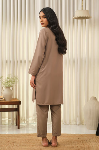 Manto Women's Sand Grey 2-Piece Lucknow Style Collar Solid Co-Ord Set