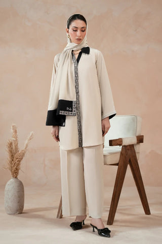 Manto Women's Beige Embroidered Scarf Paired with Beige Outfit