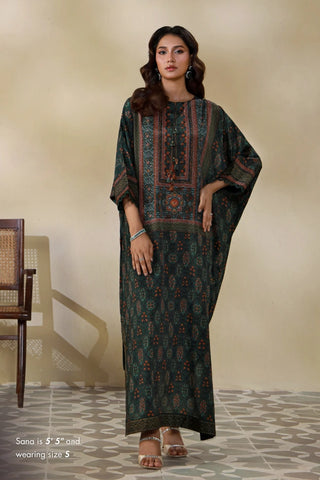 Manto Women's 2 Piece Stitched Green Kaftaan Set with Urdu Calligraphy