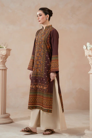Manto Women's Plum Printed Kurta with Urdu Calligraphy paired with Beige Pants