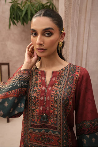 Woman wearing a traditional embroidered outfit with a neutral background