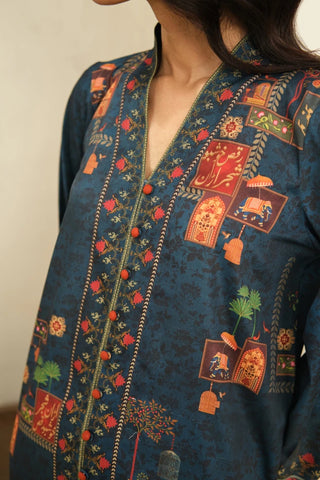 Manto Women's Ready to Wear Blue Kurta with Urdu Words Calligraphed Throughout