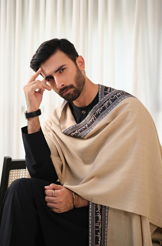 Manto Unisex Ready To Wear Acrylic Wool Outerwear Sabaat Cape Beige & Black Featuring Urdu Poetry by Allama Iqbal