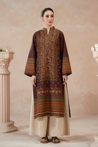 Manto Women's Plum Printed Kurta with Urdu Calligraphy paired with Beige Pants