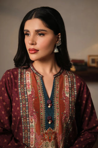 Women's Printed Maroon 3-Piece set with Motifs and Urdu Calligraphy