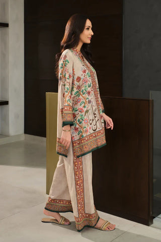 Manto Women's Ready to Wear Lawn 2 Piece Printed Beige Rania Co-Ord Set Featuring Urdu Words